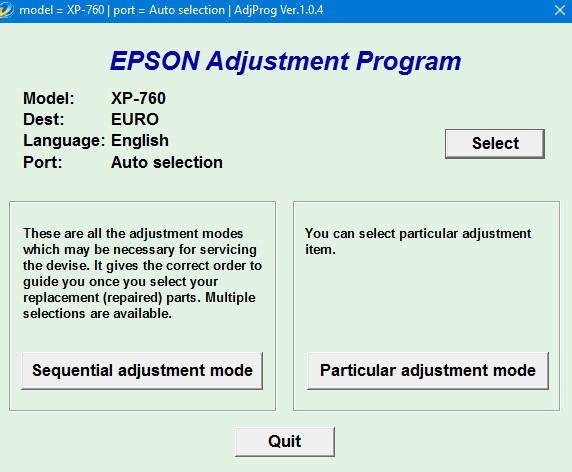 Epson XP 760 Adjustment Program